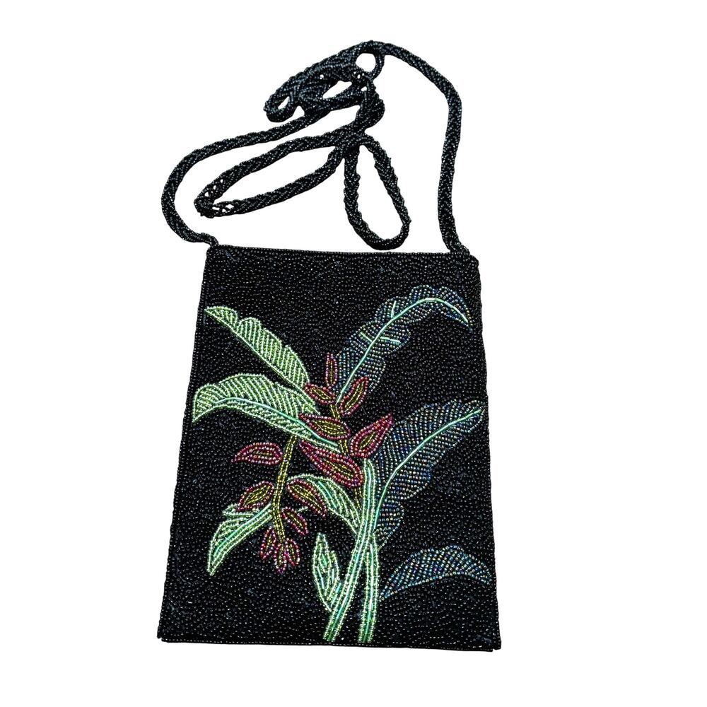 Vintage black beaded crossbody evening bag shoulderbag purse green & pink floral